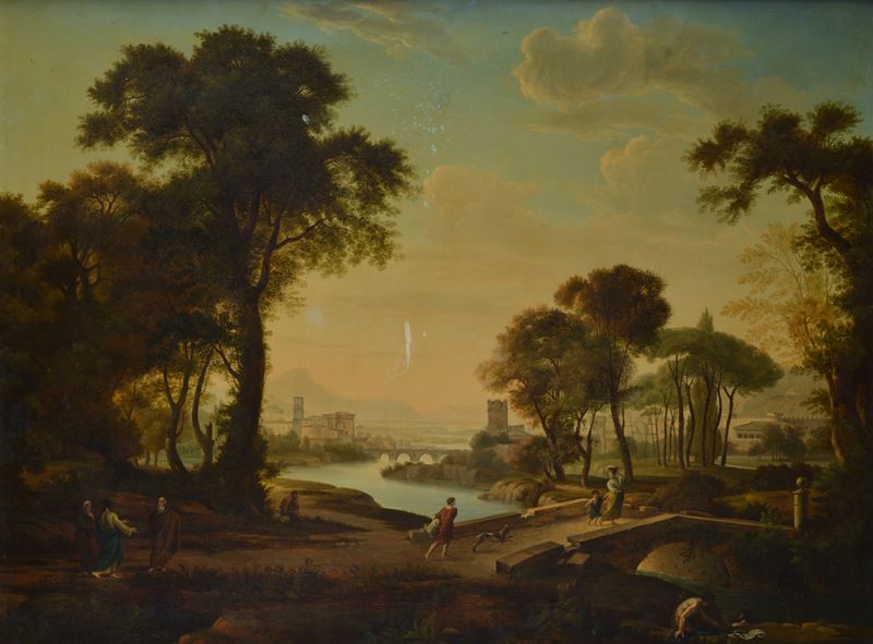 Anonimo, XVIII - XIX Sec. - Anonimo, Paesaggio con figure, olio su tela