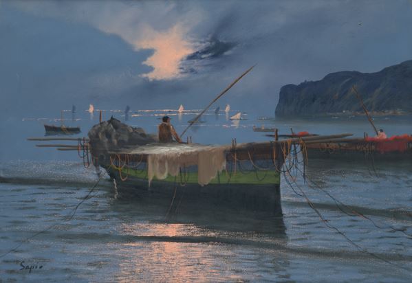 Anonimo, XX sec. - Notturno con pescatore