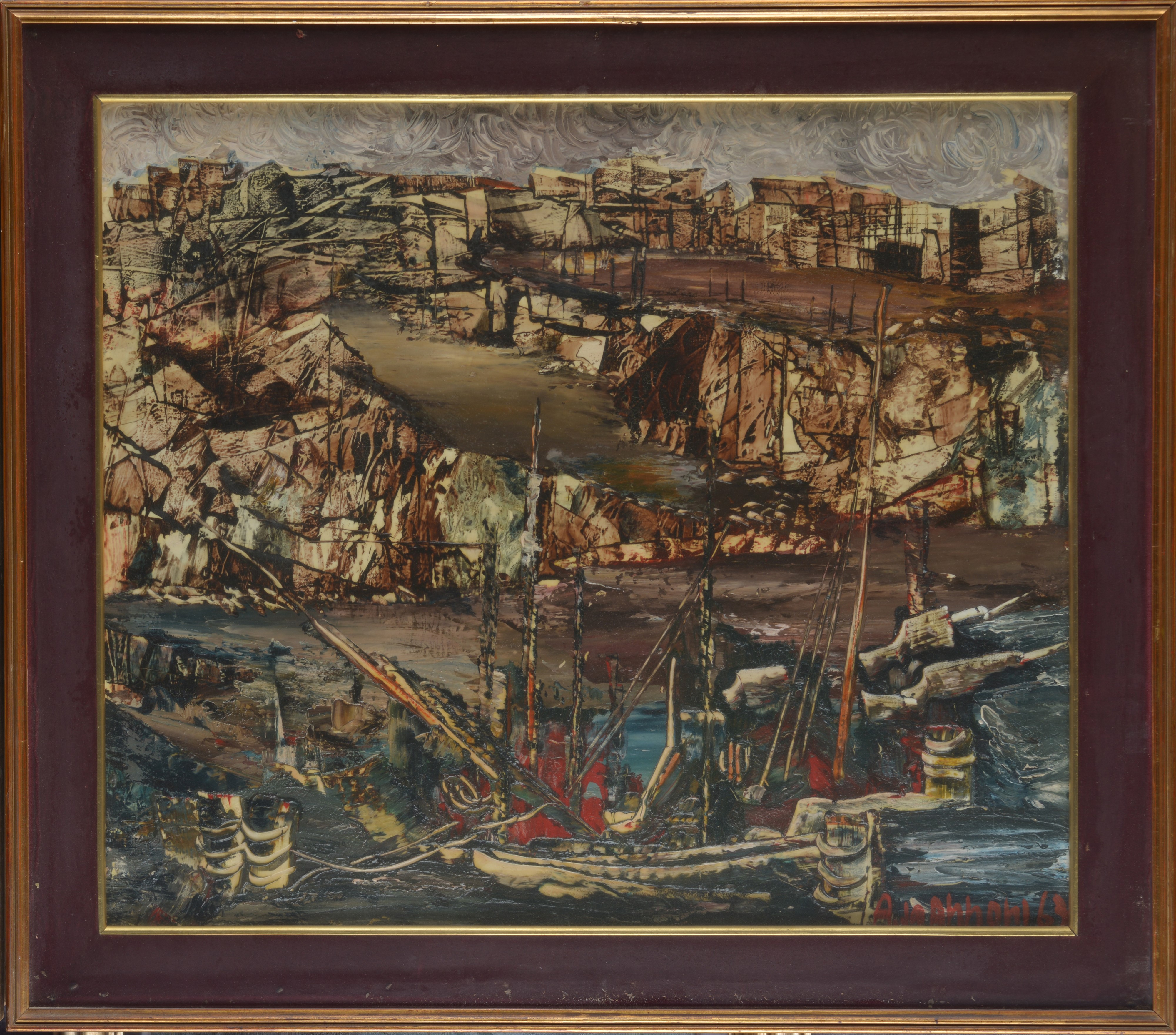 Alfredo Nannoni - Paesaggio con barche, olio su tela