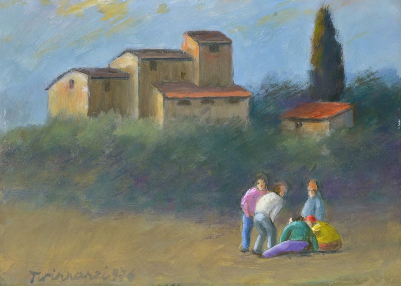 Paesaggio con case e figure