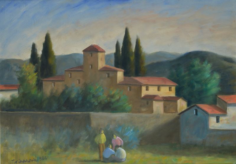 Paesaggio con case e figure