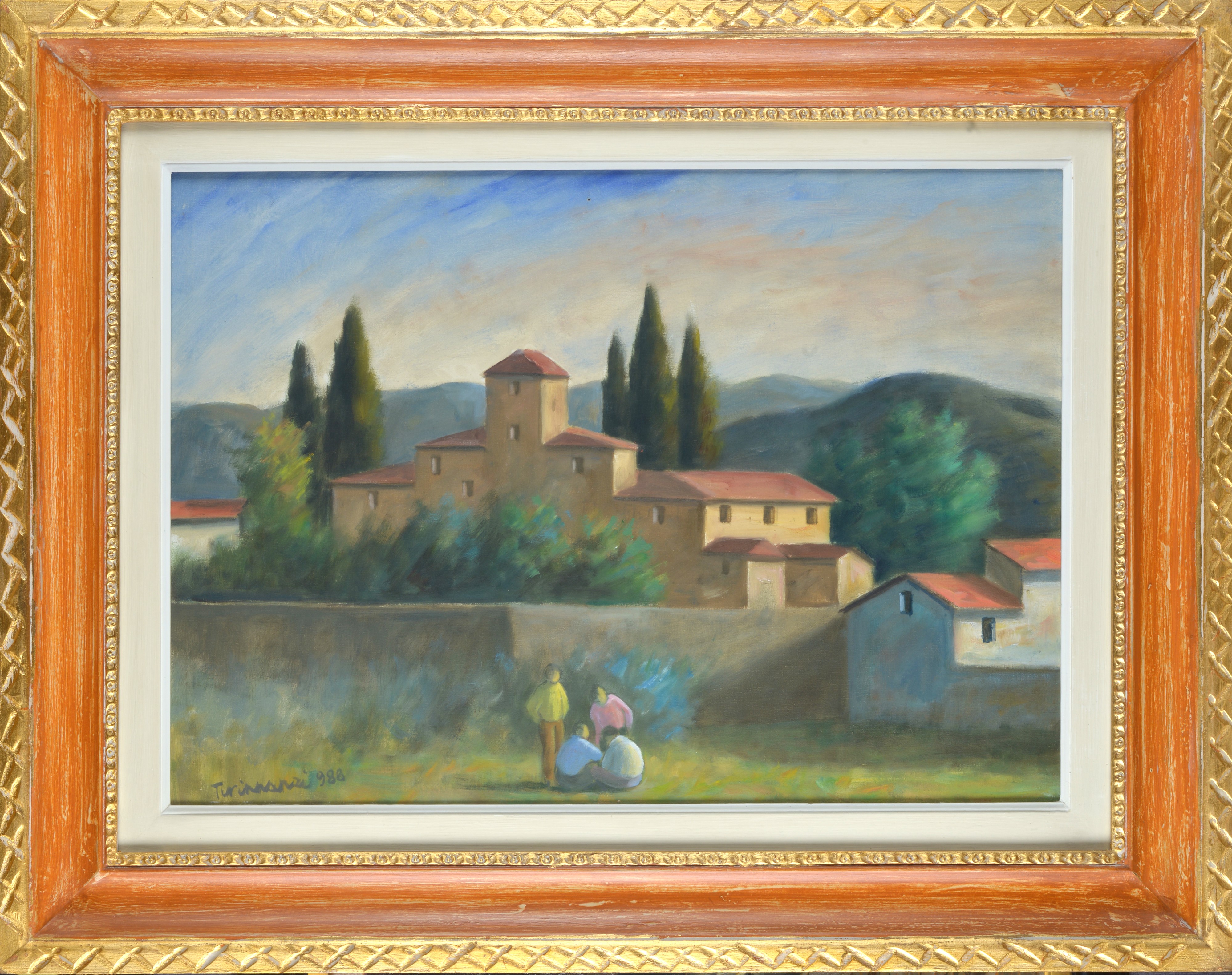Paesaggio con case e figure