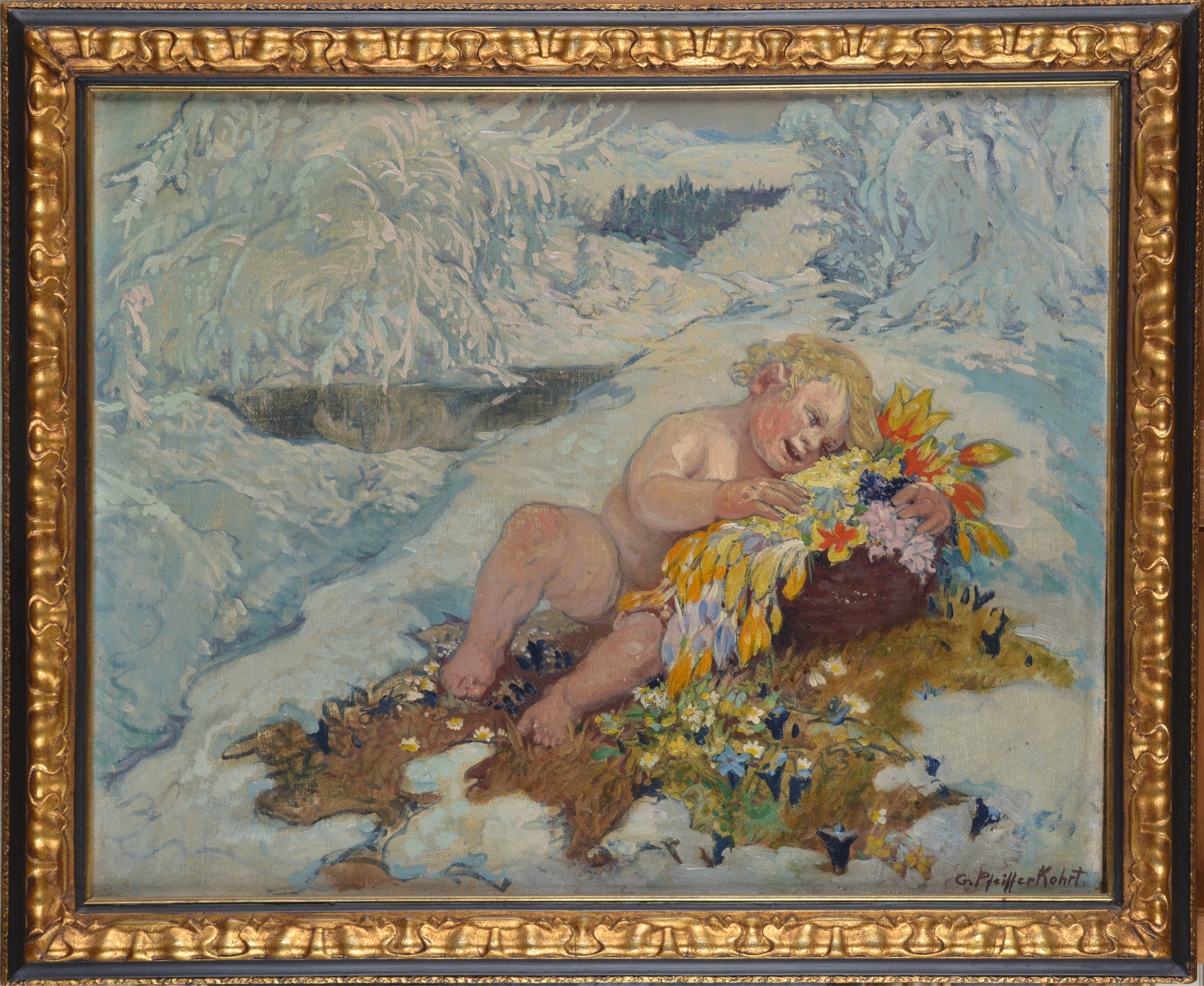 Gertrud Pfeiffer-kohrt - Putto con fiori, olio su tela