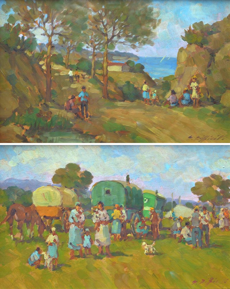 Coppia di paesaggi con figure