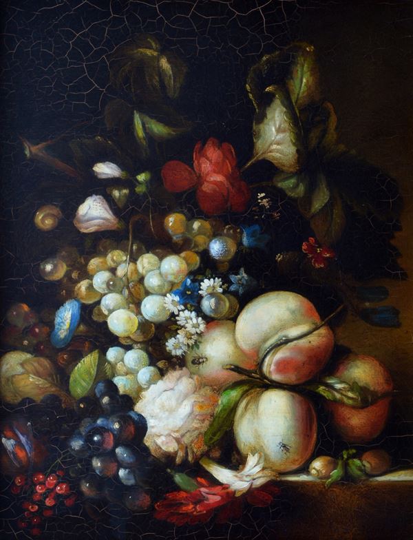 Anonimo, XX sec. - Natura morta con fiori e frutta
