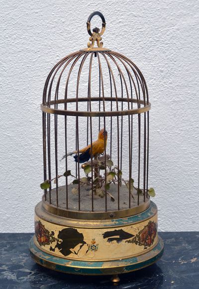 Carillon a forma di gabbia con uccellino meccanico, XIX-XX secolo
