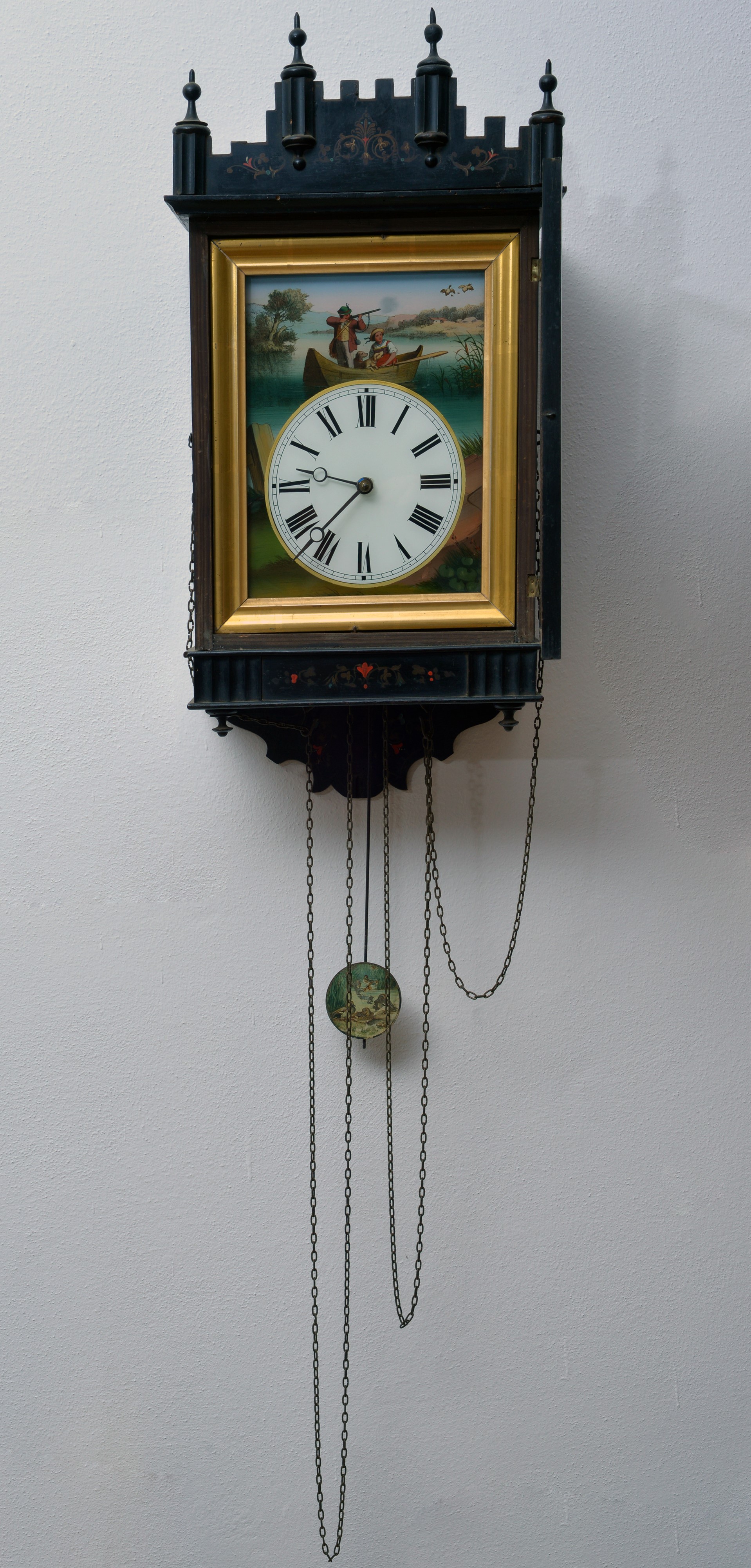 Orologio a muro con scena di caccia all'anatra, Germania, XIX secolo