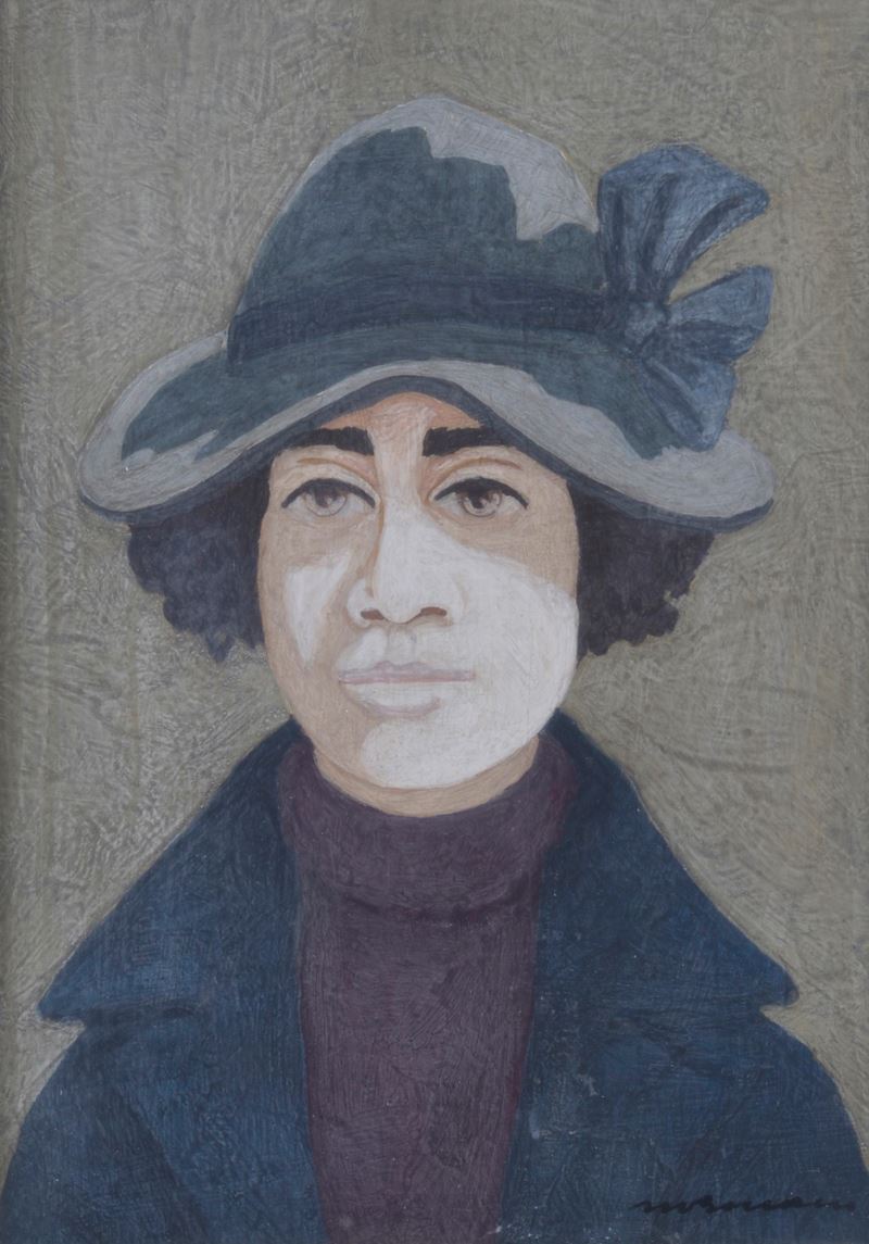 Marcello Boccacci - Donna con cappello, encausto su tavola