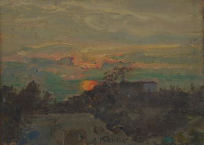Paesaggio al tramonto, olio su tavoletta