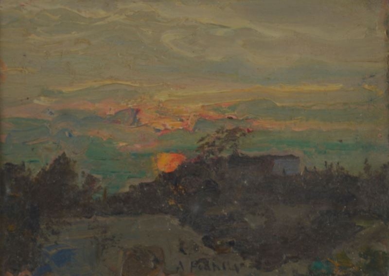 Attilio Pratella - Paesaggio al tramonto, olio su tavoletta
