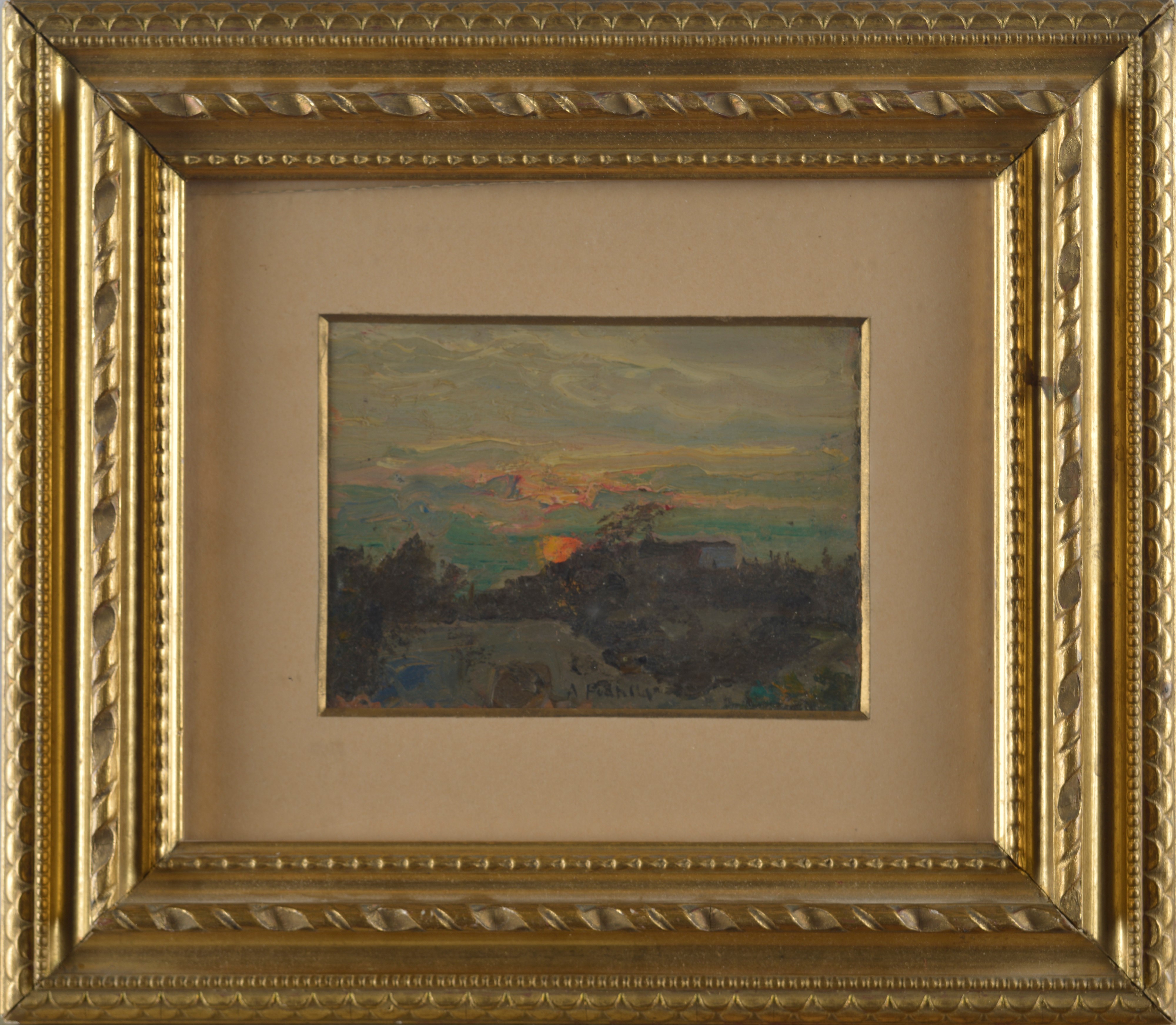 Attilio Pratella - Paesaggio al tramonto, olio su tavoletta