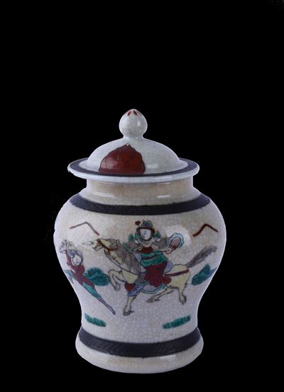 Barattolo per zenzero, porcellana decorata a figure a cavallo, Cina, XX secolo