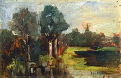 Paesaggio con alberi, olio su legno