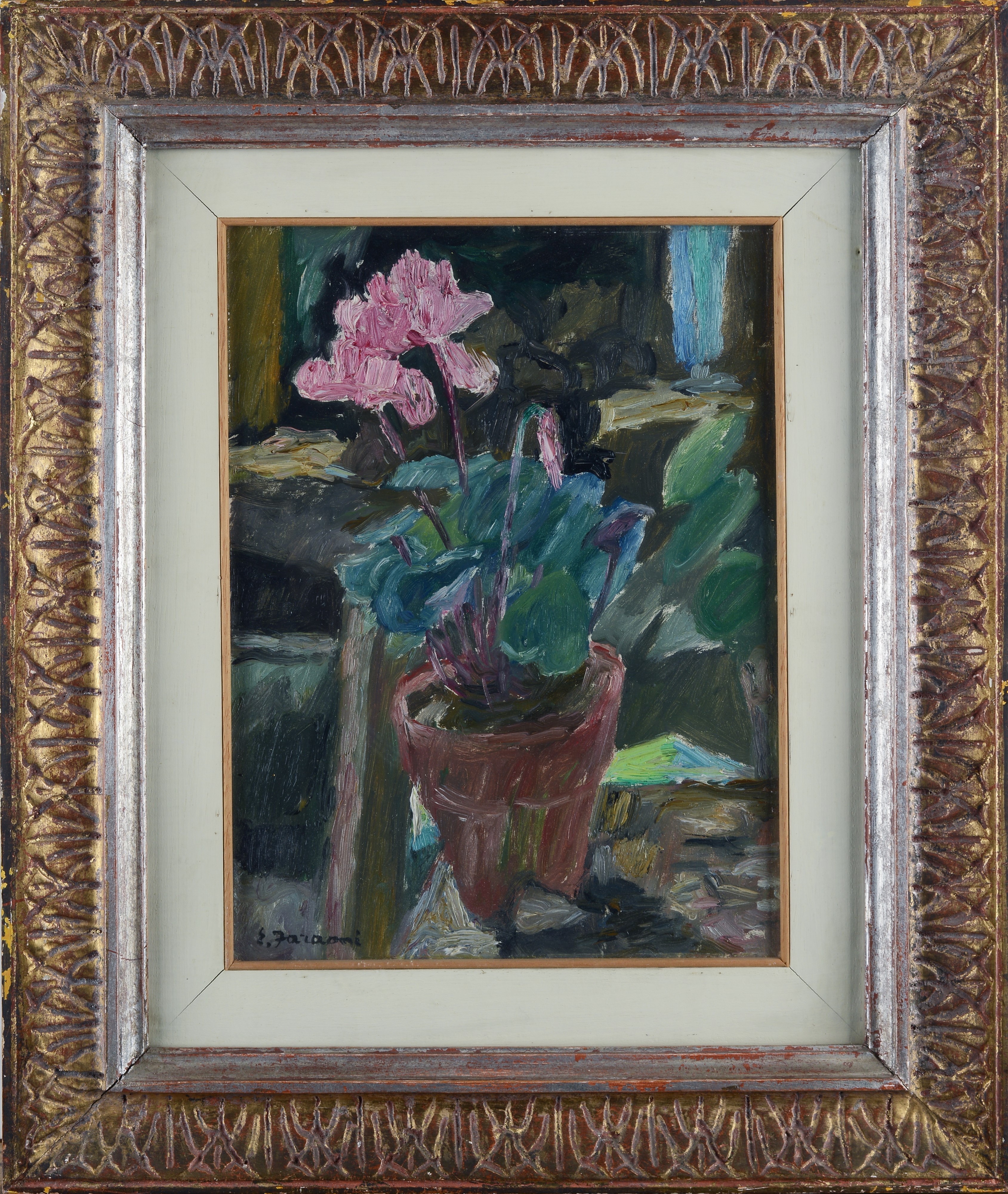 Enzo Faraoni - Vaso di ciclamini, olio su tela