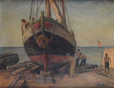 Barcone in riparazione, olio su legno