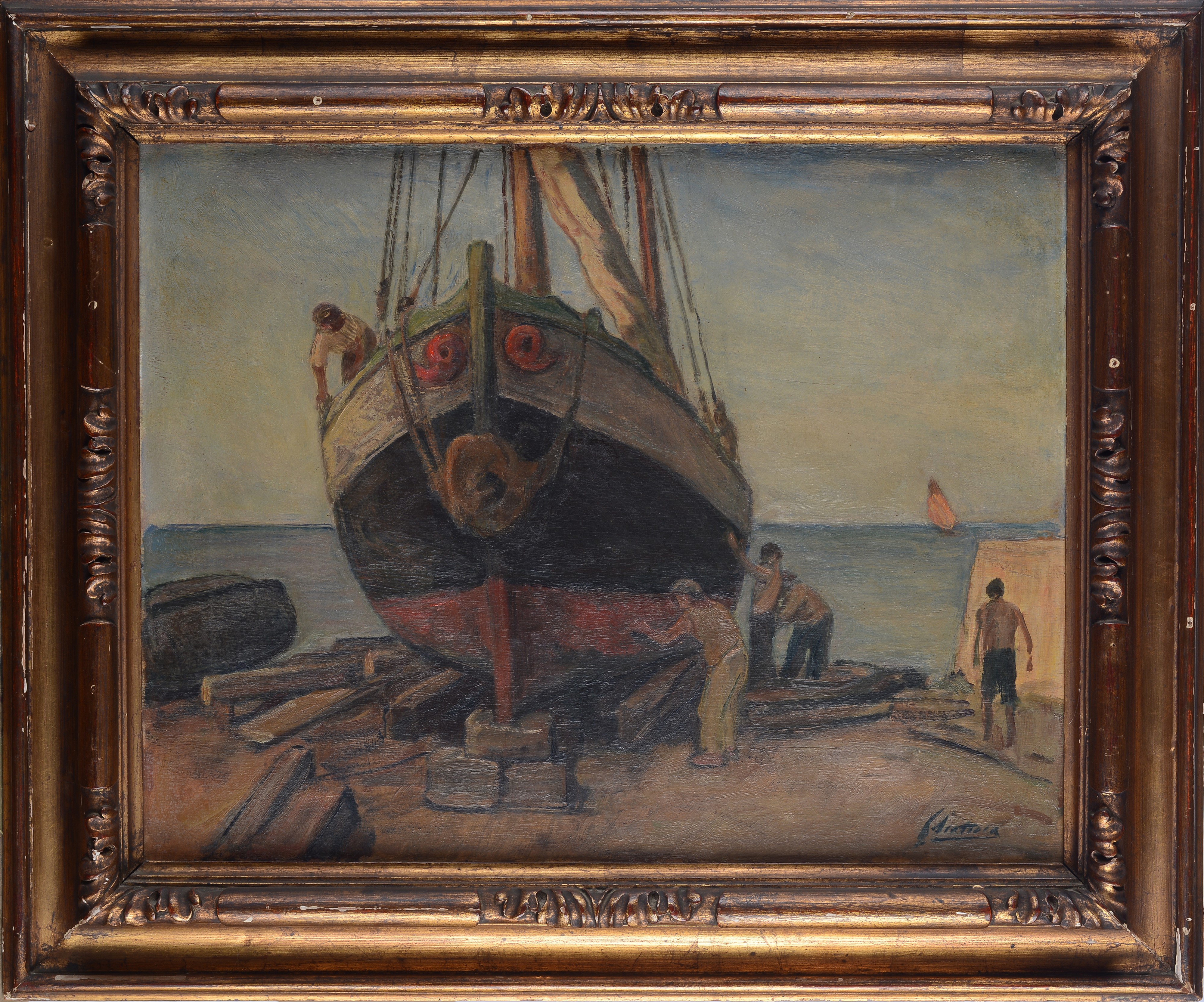 Ferruccio Scattola - Barcone in riparazione, olio su legno