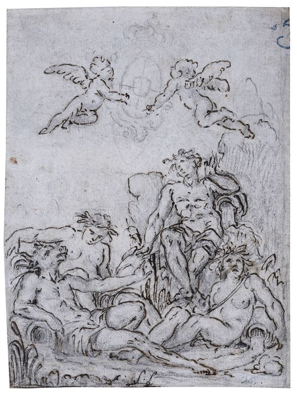 Scuola Italia Settentrionale, XVIII sec. - Divinità fluviali e coppia di putti alati con stemma