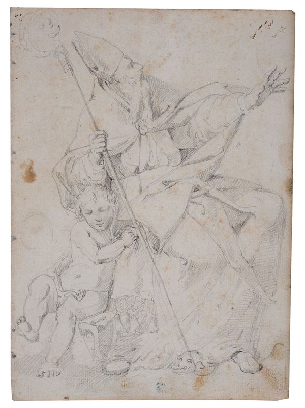 Anonimo, XVIII sec. - Vescovo con putto (fronte) - Insegne romane e studio di figura (retro)
