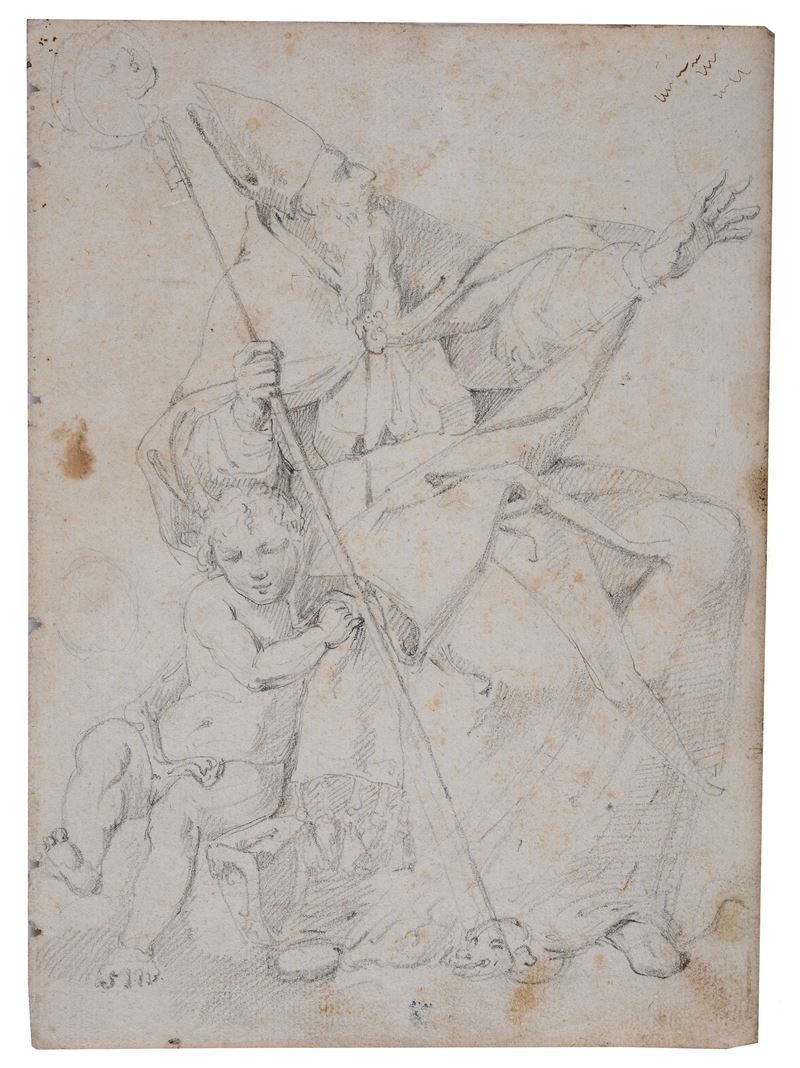 Anonimo, XVIII Sec. - Anonimo, Vescovo con putto (fronte) e studio di figura con insegne romane (...
