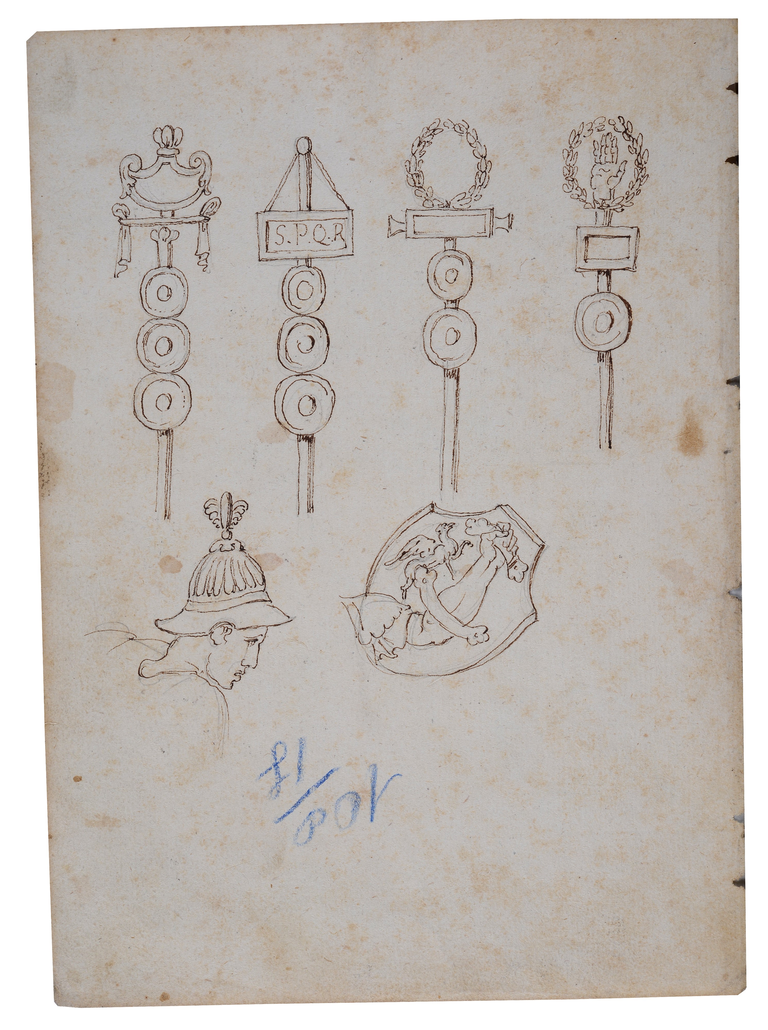 Anonimo, XVIII Sec. - Anonimo, Vescovo con putto (fronte) e studio di figura con insegne romane (...