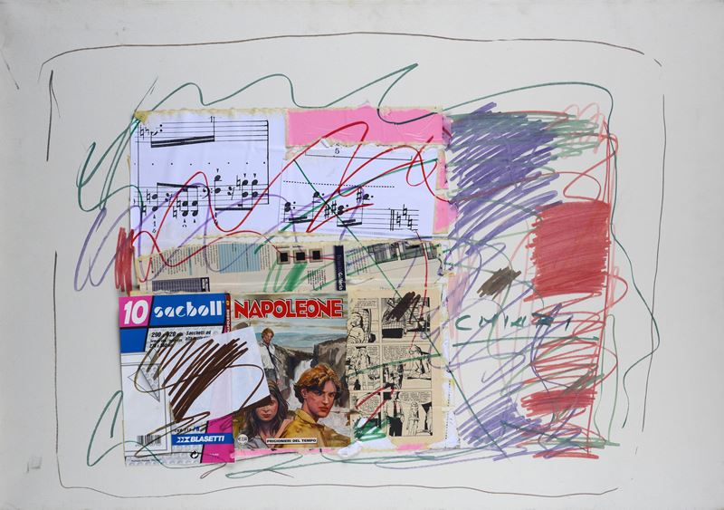 Giuseppe Chiari - Senza titolo (collage e tecnica mista su tela)