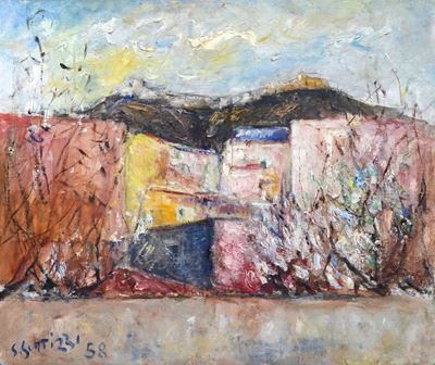 Paesaggio, olio su tela su cartone (1958)