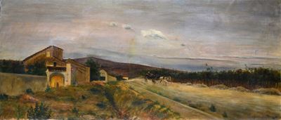 Strada di campagna con carrozza, olio su tela