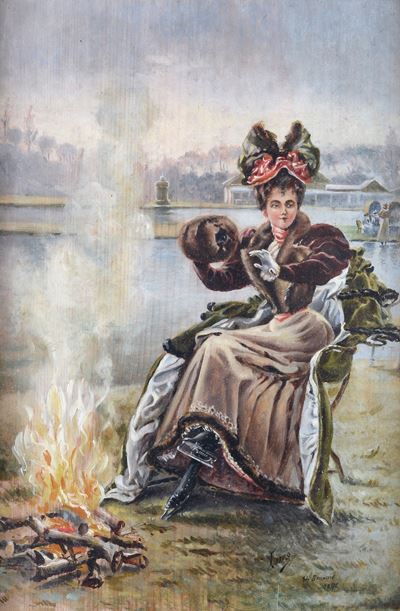 Anonimo, Signora seduta accanto al fuoco, olio su tavola (1846)