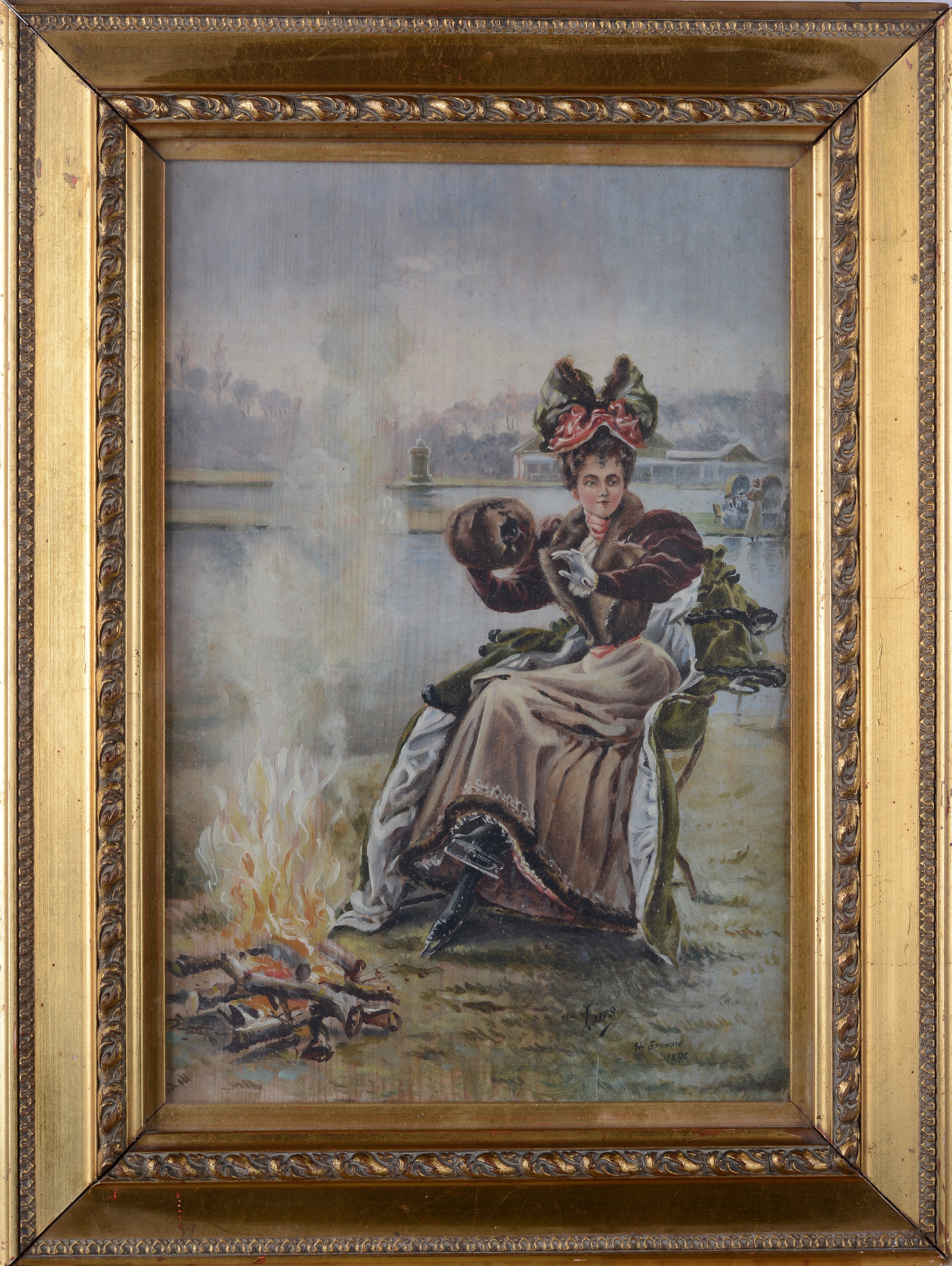 Anonimo, XIX Sec. - Anonimo, Signora seduta accanto al fuoco, olio su tavola (1846)