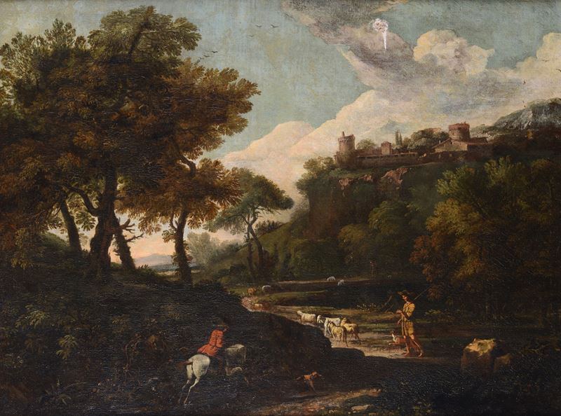 Paesaggio con figura a cavallo e pastore