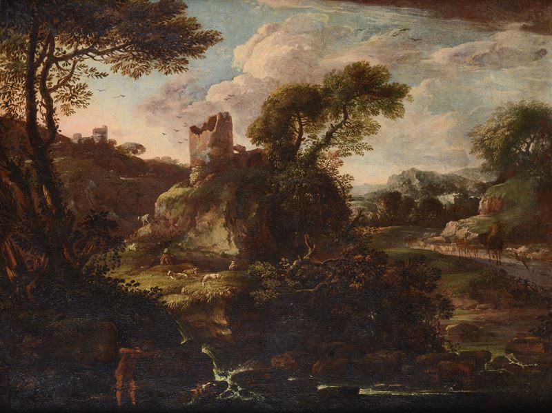 Paesaggio con torre e armenti