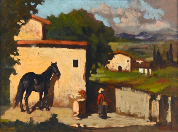Oliviero Giuntini - Paesaggio di campagna con figura e cavallo
