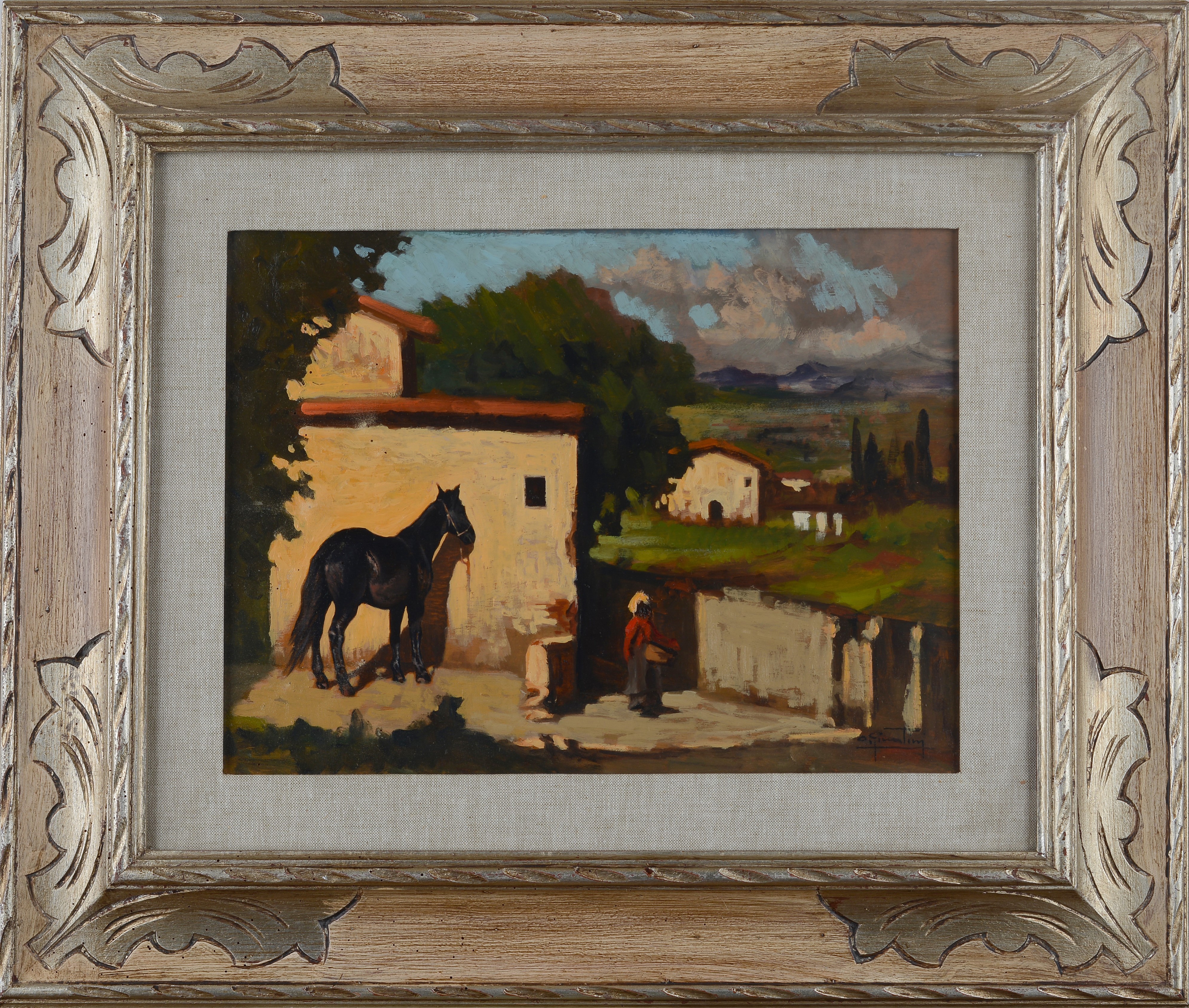 Oliviero Giuntini - Paesaggio di campagna con figura e cavallo, olio su tavola