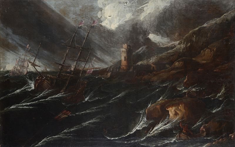 Anonimo, XVIII - XIX Sec. - Anonimo, Navi in tempesta, olio su tela