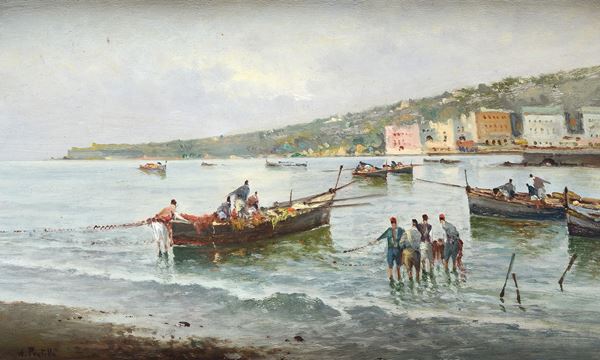 Attilio Pratella - Barche con pescatori a riva