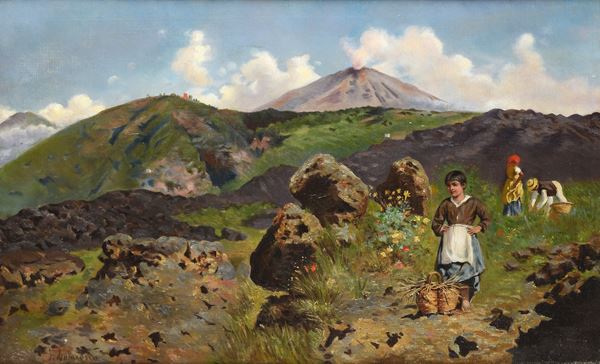 Francesco Lojacono - Paesaggio montano con contadini