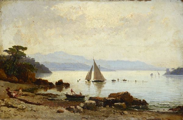 Hermann Corrodi - Paesaggio con barca a vela e pescatori