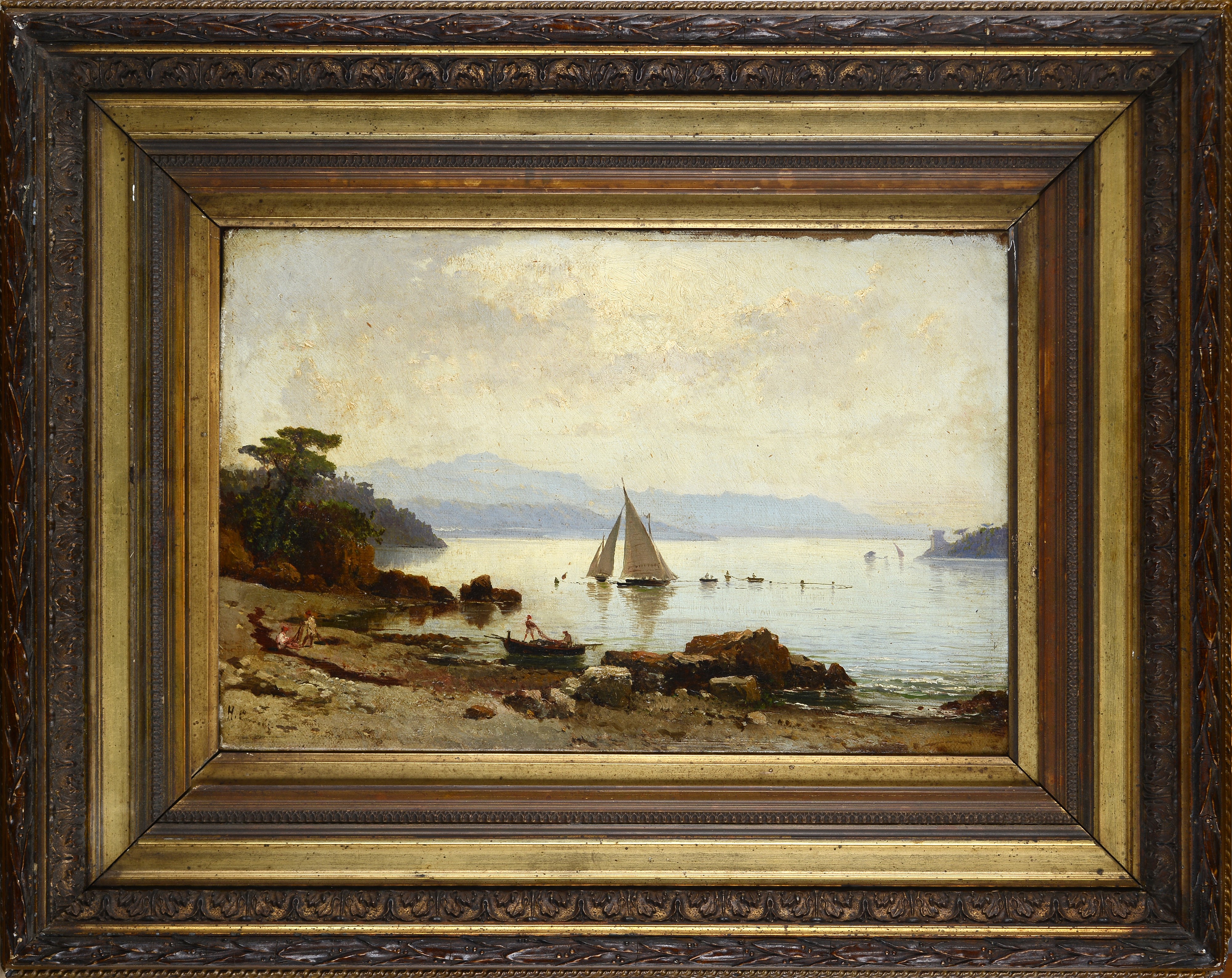 Hermann Corrodi - Paesaggio con barca a vela e pescatori, olio su tela