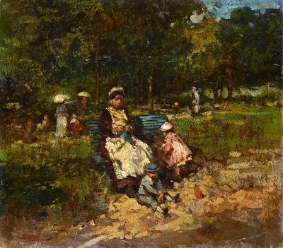 Ai giardini, olio su legno