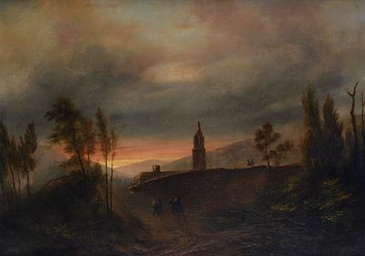 Paesaggio con edifici e viandanti, olio su tela (1830)