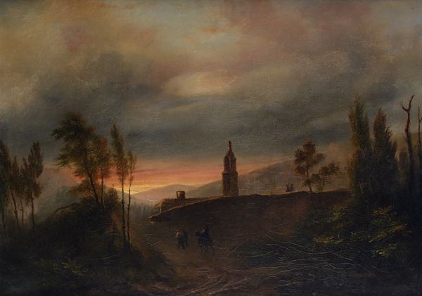 Giuseppe Canella - Paesaggio con edifici e viandanti