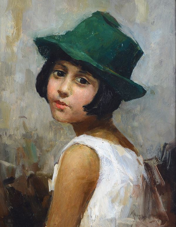 Ermenegildo Agazzi - Bambina con cappello verde