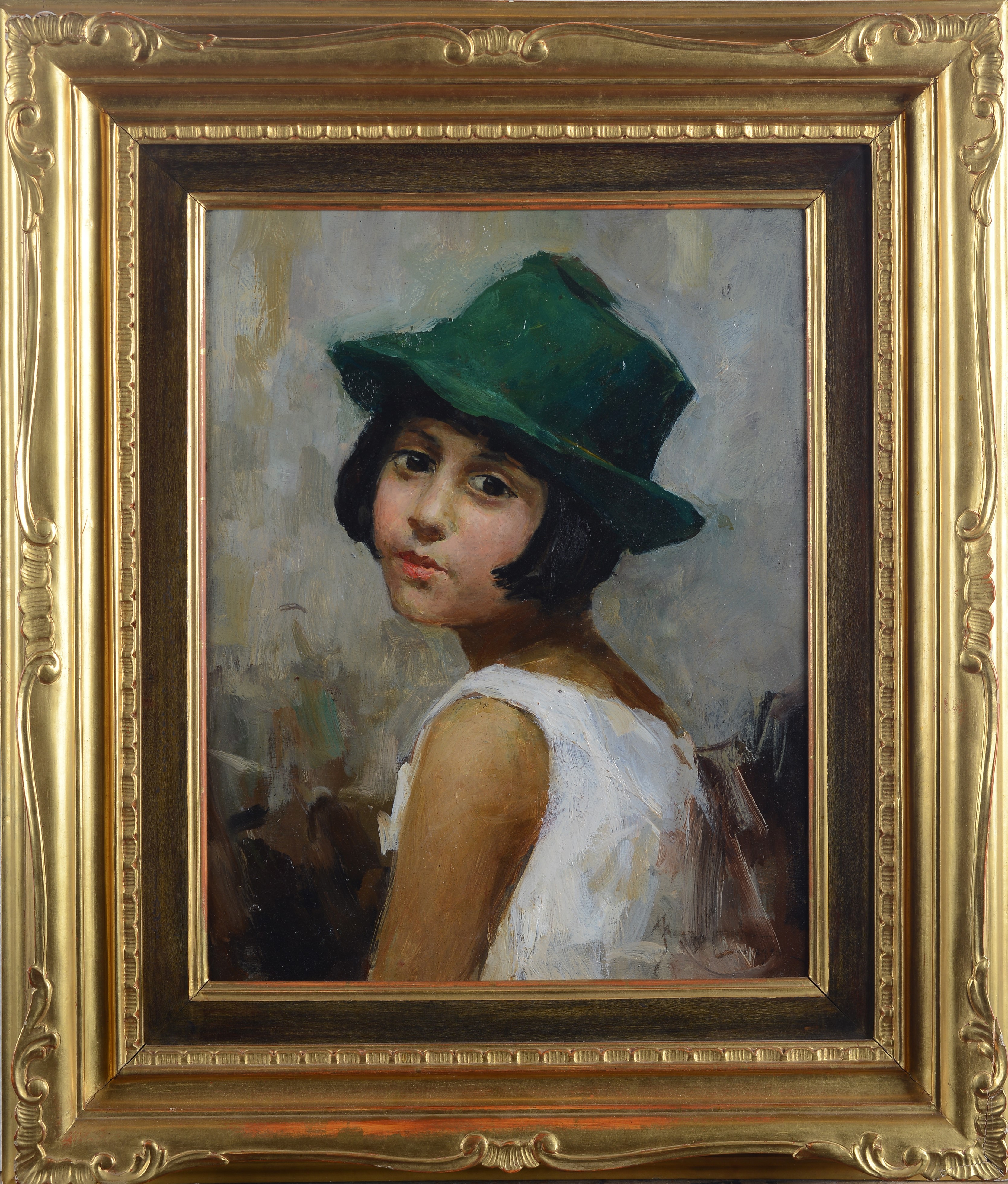 Ermenegildo Agazzi - Bambina con cappello verde, olio su legno