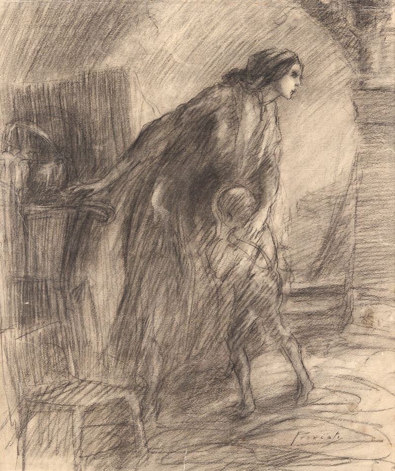 Gaetano Previati - Madre e figlio (matita su carta)