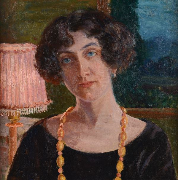 Anonimo, XX sec. - Ritratto di signora con lampada rosa sullo sfondo
