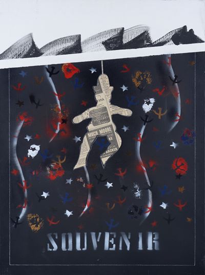 Souvenir, collage di carta di giornale e tecnica mista su tela