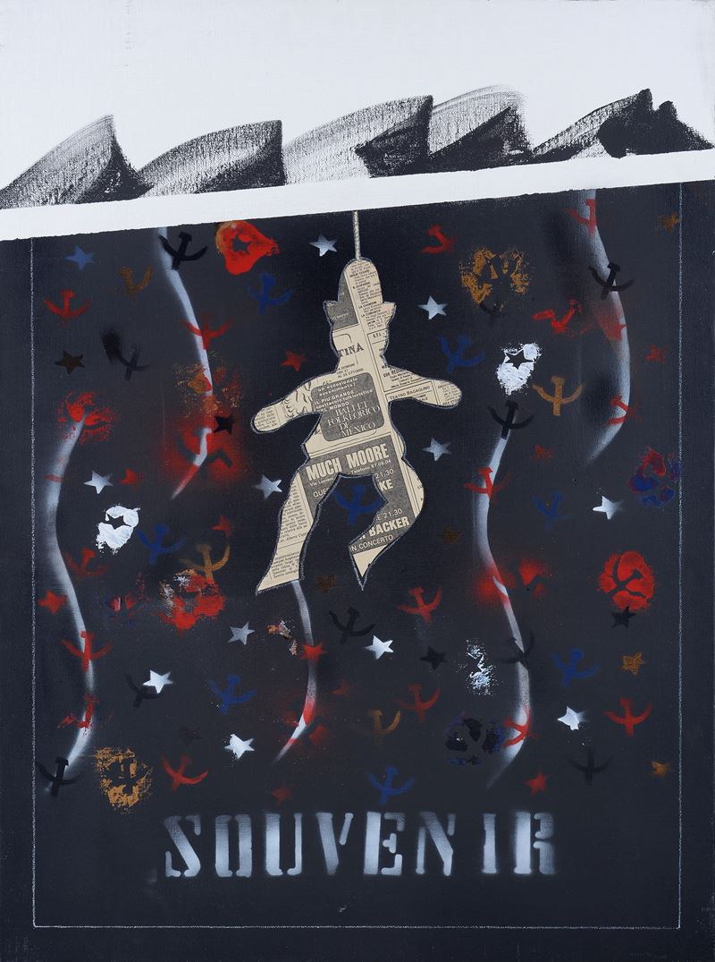 Franco Angeli - Souvenir, collage di carta di giornale e tecnica mista su tela