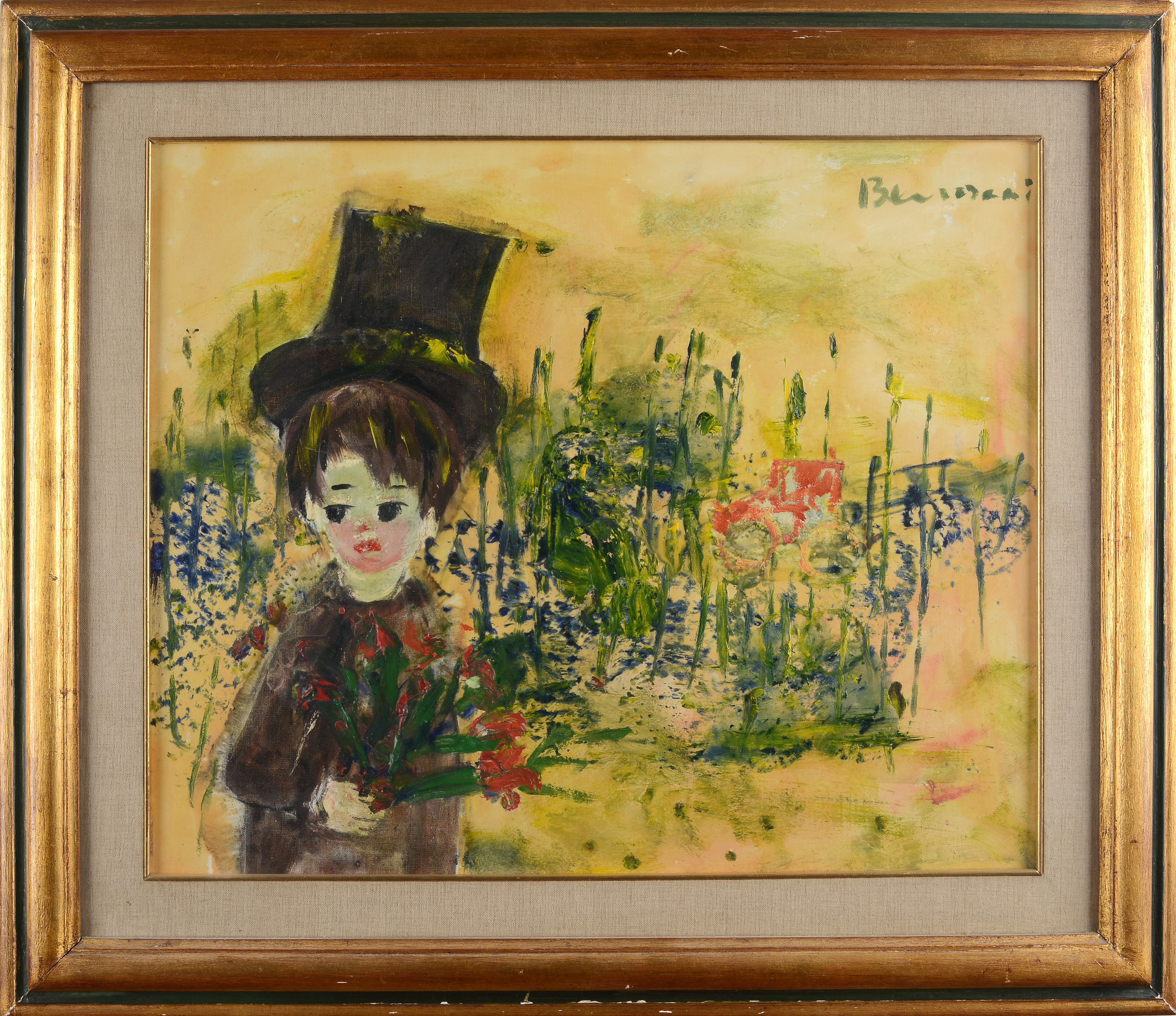 Franco Benocci - Ragazzo con cilindro e fiori, olio su tela (1968)