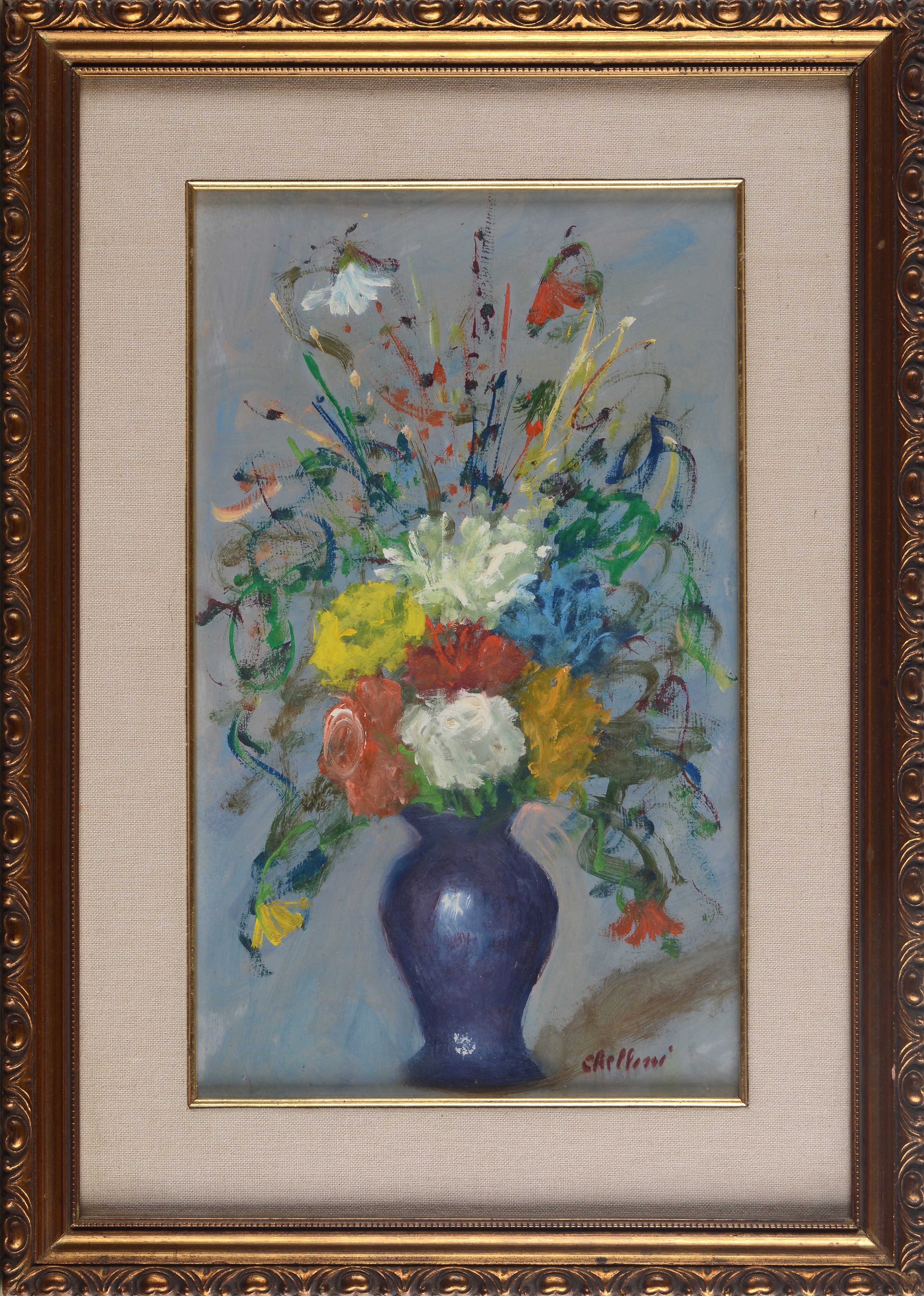 Anonimo, XX Sec. - Anonimo del XX secolo, Vaso di fiori, olio su faesite
