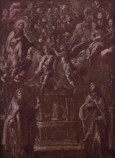 Attribuito a Pietro Sorri, Santi, Vergine e Angeli in adorazione dell’Eucaristia, olio su tela